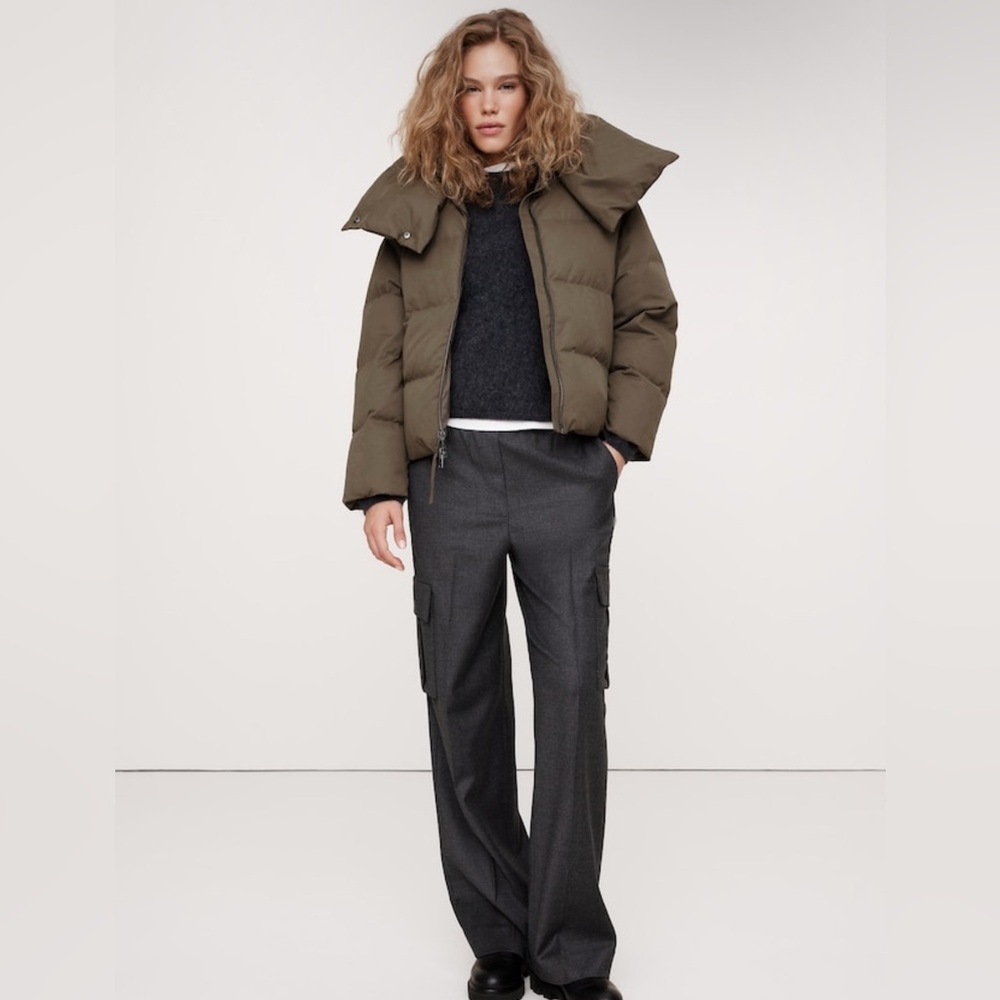 New $230 Banana Republic Short Puffer Coat Jacket Sycamore Brown Khaki S NWT